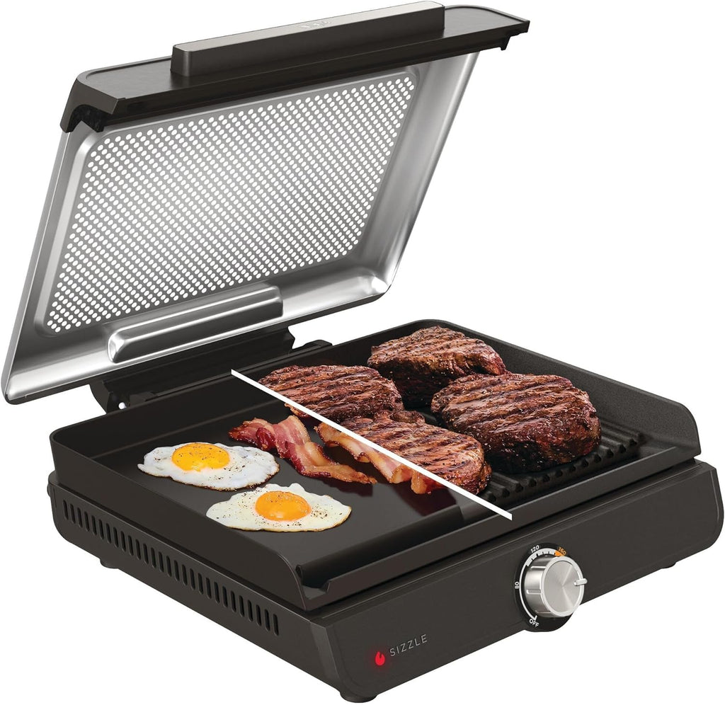 Ninja Sizzle Elektrogrill Indoor & Plancha (Flat Grill Plate) mit Antihaft-Grillplatte, abnehmbarer & spülmaschinenfester Deckel, Fettauffangbehälter, Temperaturregler & Rezeptbuch, Grau GR101EU