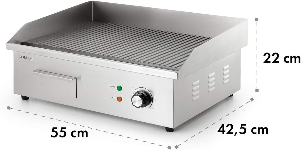 Klarstein Elektrogrill, Grillplatte, Elektrische Grillplatte, Tischgrill, Elektrogrill aus Edelstahl, Spritzschutz & Auffangbehälter, Glatte XL Grillfläche: 54,5x35 cm, Stufenlos 50-300 °C, 3000 Watt