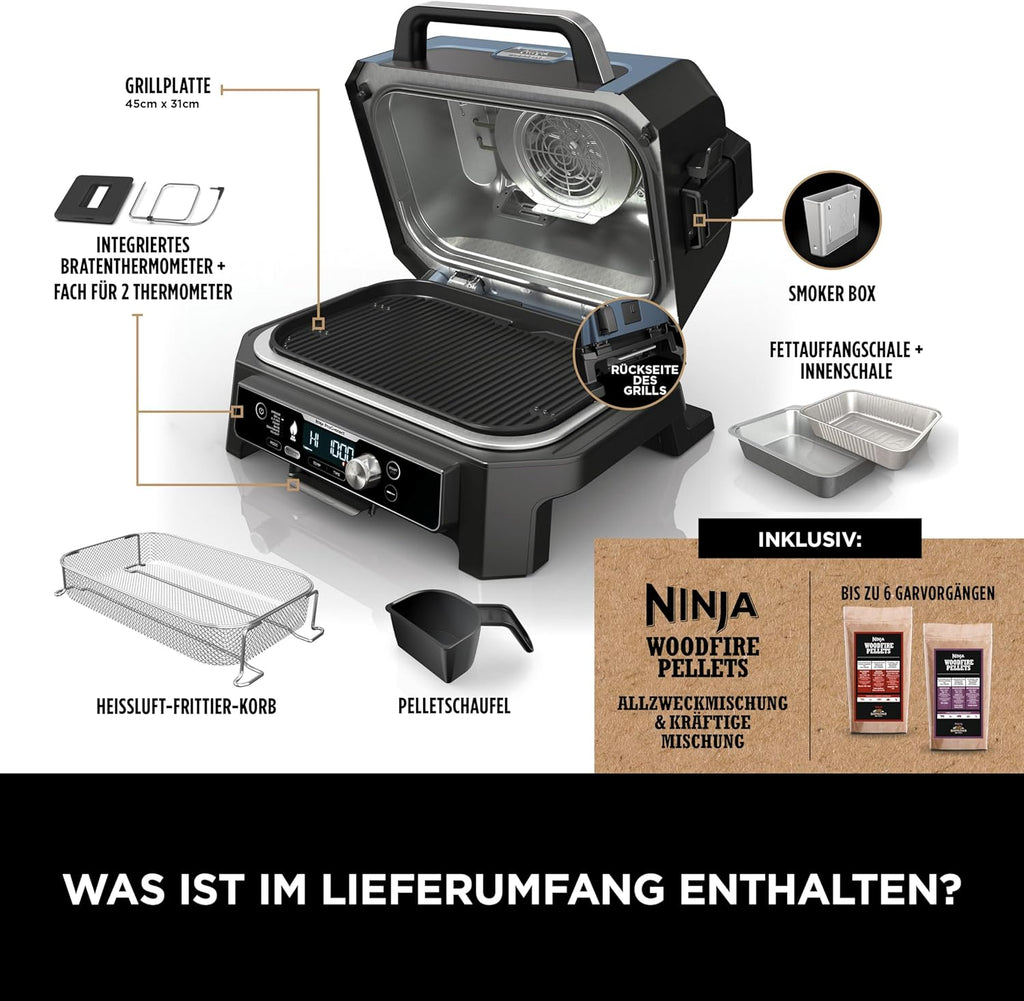 Ninja Woodfire BBQ elettrico e affumicatore e friggitrice ad aria, grill da esterno 7 in 1, friggitrice ad aria, affumicatore, arrostitore, forno e altro ancora, resistente alle intemperie, antiaderente, portatile, elettrico, grigio/nero OG701EU