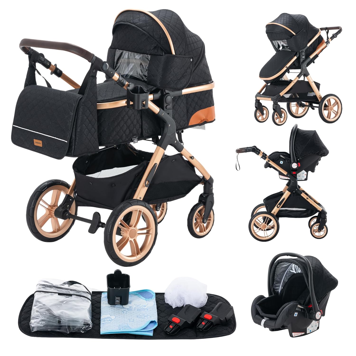 YAZOCO Passeggino 3 in 1, Passeggino Pieghevole Set Completo con Portabicchieri, Zanzariera, Coprigambe per Neonato (5 nero)