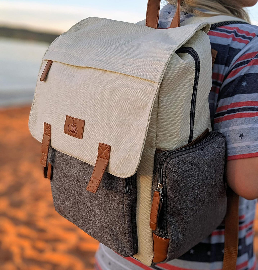 Cutie Tragetasche für Babys, Wickeltasche, Rucksack, Bio-Baumwolle, wasserdicht, mehrere Taschen, isoliert, mit gepolsterten Schultergurten, inklusive Kinderwagenriemen, cremefarben,Grau