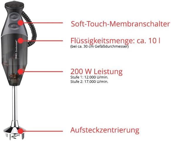 ESGE Zauberstab M 200 BBQ 98215 Frullatore a immersione nero, mixer, frullatore a mano, professionale, incl. accessori, fino a 17.000 giri/min, 200 Watt, design ergonomico dell'impugnatura, doppio interruttore, centratura a innesto, motore AC