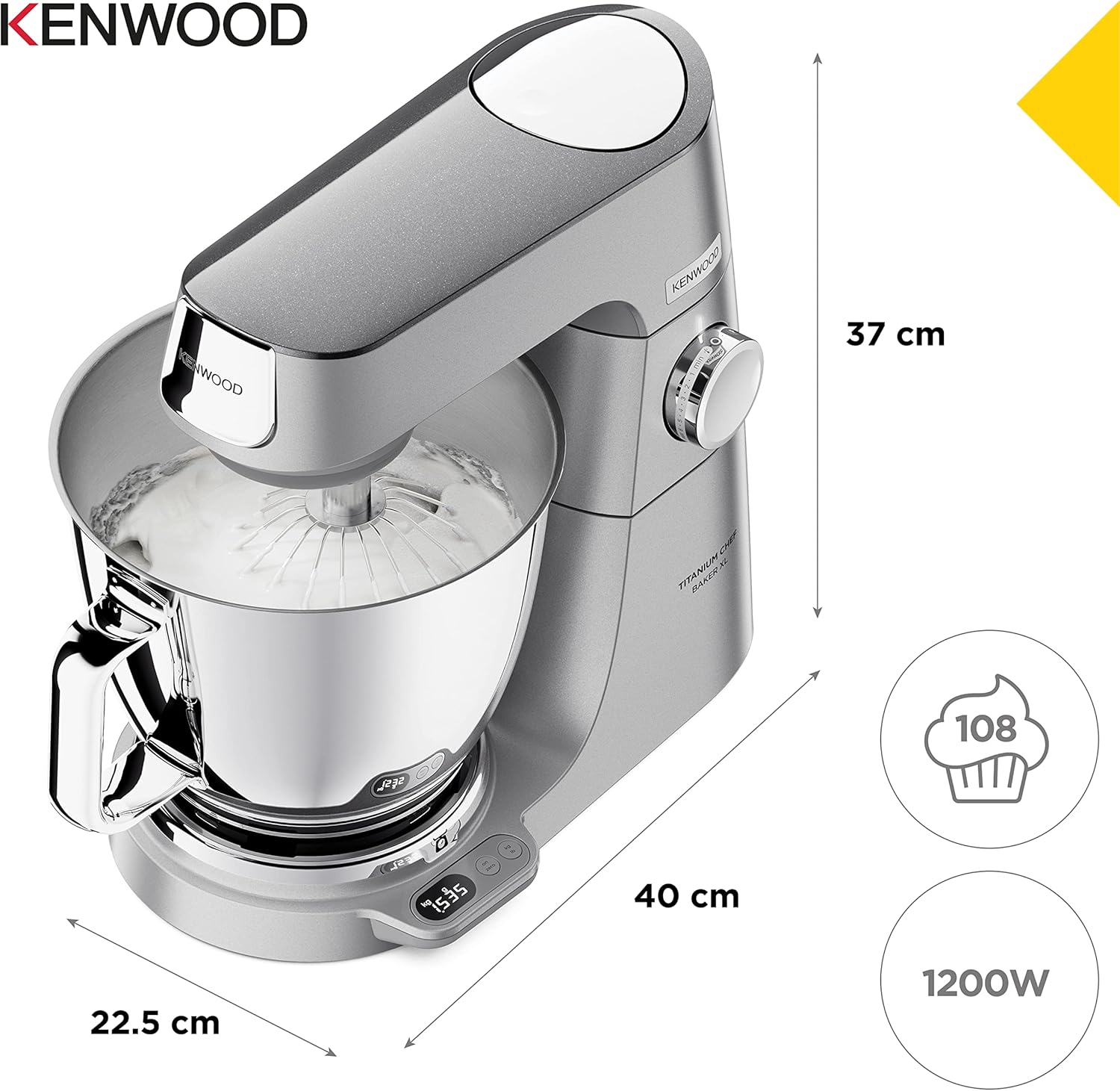 Kenwood Titanium Chef Baker KVL85.424SI Robot da cucina con bilancia integrata, incl. set pasticceria da 4 pezzi, ciotole da 7 L e 5 L, regolazione continua della velocità, 1200 W, Argento