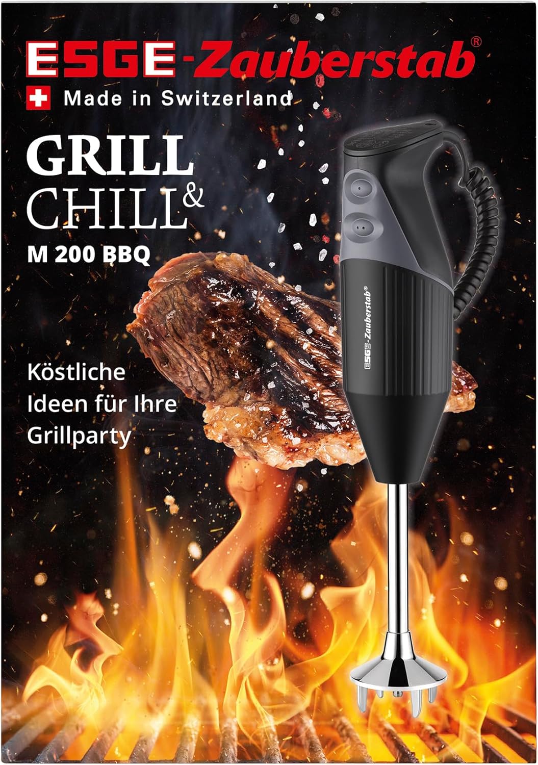 ESGE Zauberstab M 200 BBQ 98215 Frullatore a immersione nero, mixer, frullatore a mano, professionale, incl. accessori, fino a 17.000 giri/min, 200 Watt, design ergonomico dell'impugnatura, doppio interruttore, centratura a innesto, motore AC