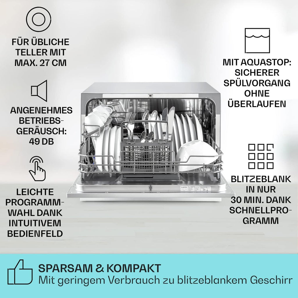 Klarstein ia 8 - Spülmaschine, Geschirrspüler, Freistehend, Teilintegriert, F, 55 cm breit, 8 Maßgedecke, 6 Programme, Aquastop, silber
