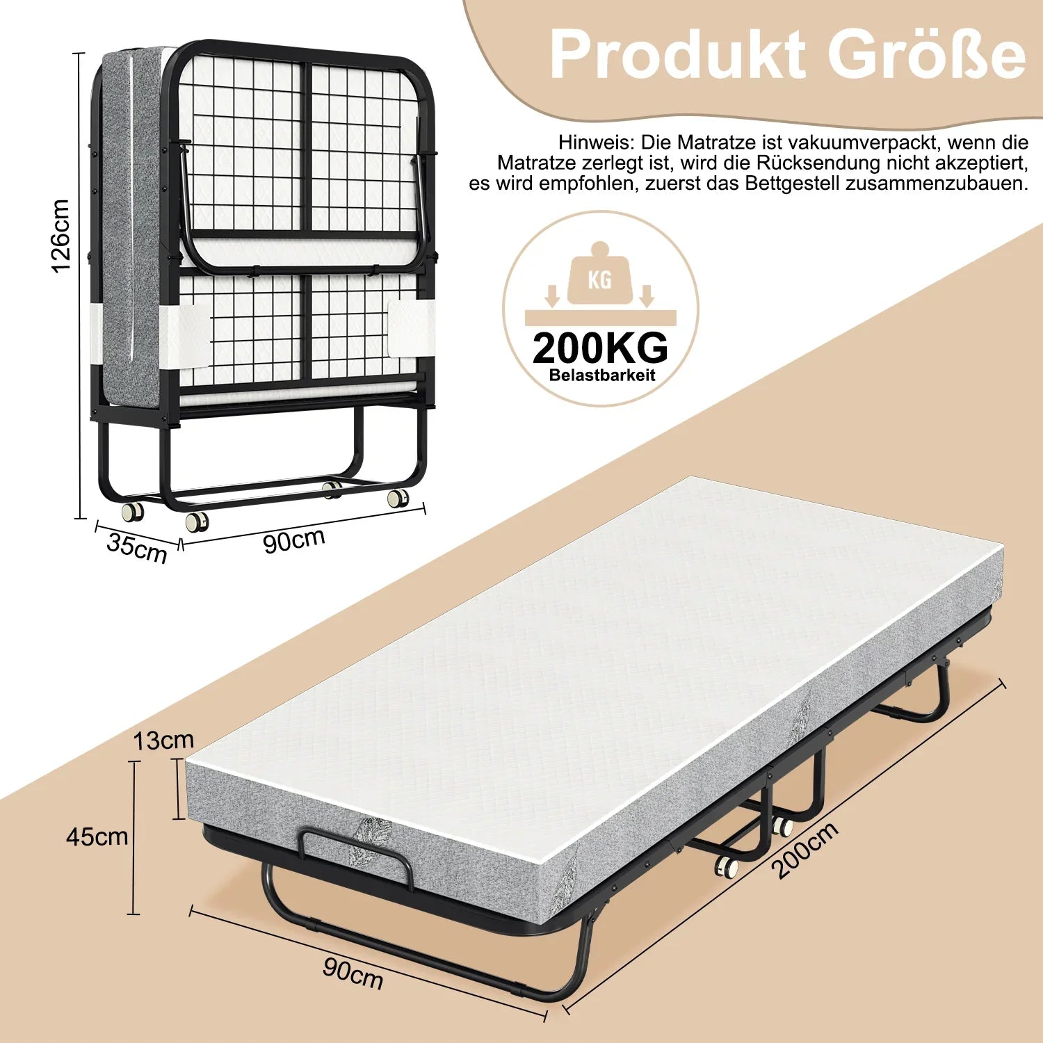 Sonnewelt Letto Pieghevole 90x200cm con spessore di 13cm e rotelle