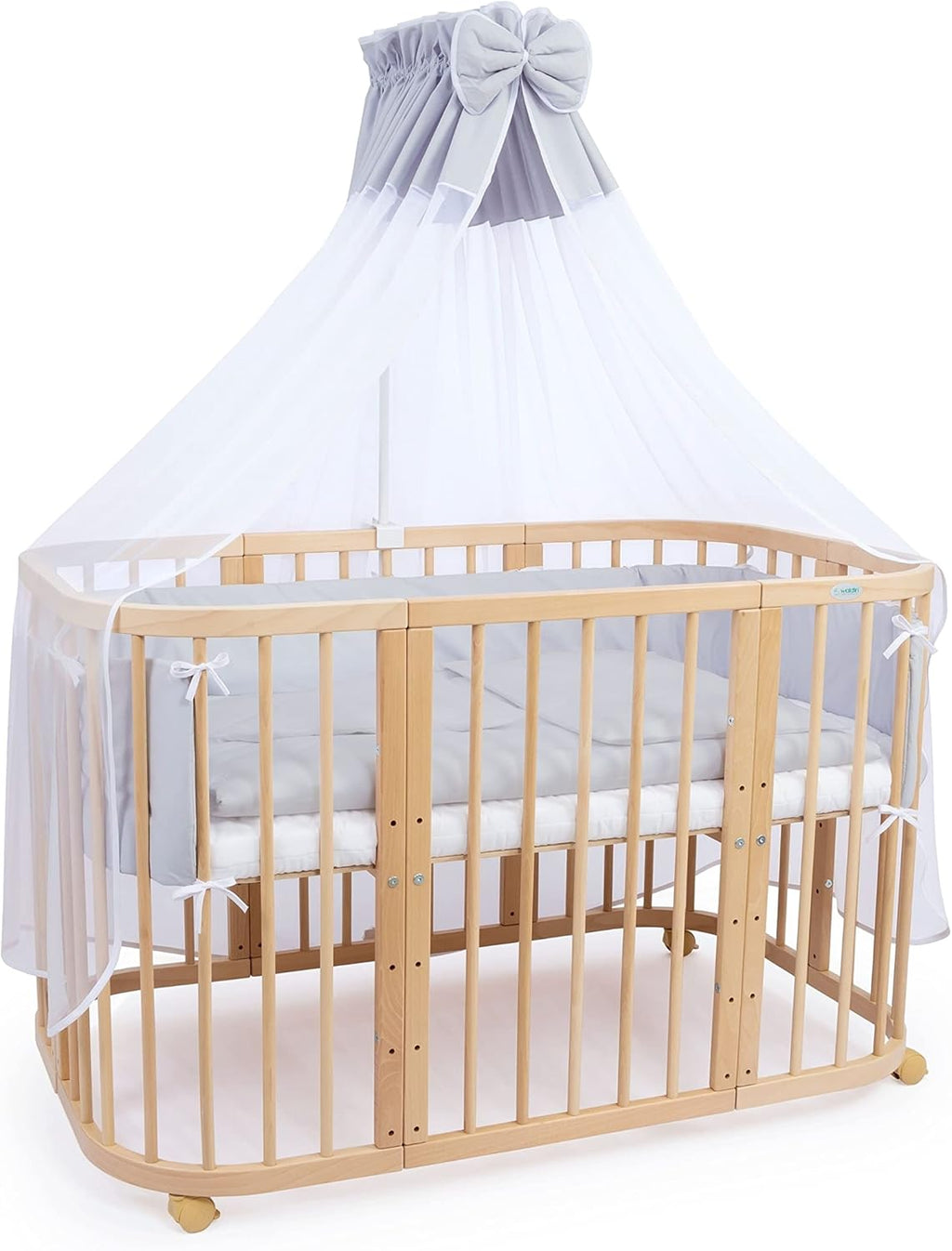 Waldin Lettino per bambini in legno 7in1 con materasso, Letto "Cresci con me", Ventilato, Base regolabile in 5 altezze, Set All-Inclusive, Legno Bianco