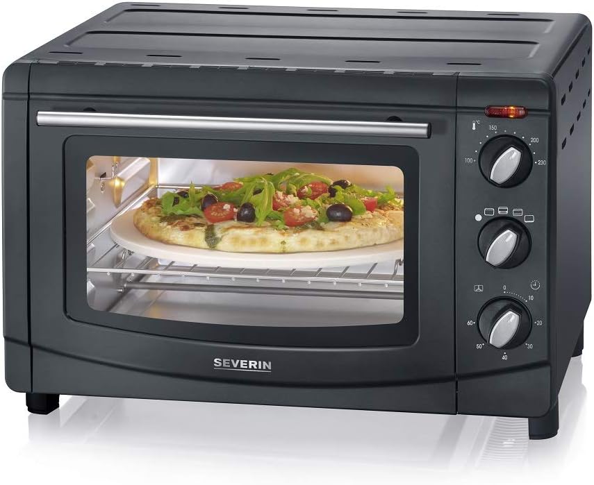 SEVERIN Back- und Toastofen mit Umluftfunktion, Mini Backofen mit Grillrost, Backblech, Drehspie und Pizzastein, vielseitiger Heiluftofen mit 20 L Kapazitt, 1.500 W, schwarz, TO 2068