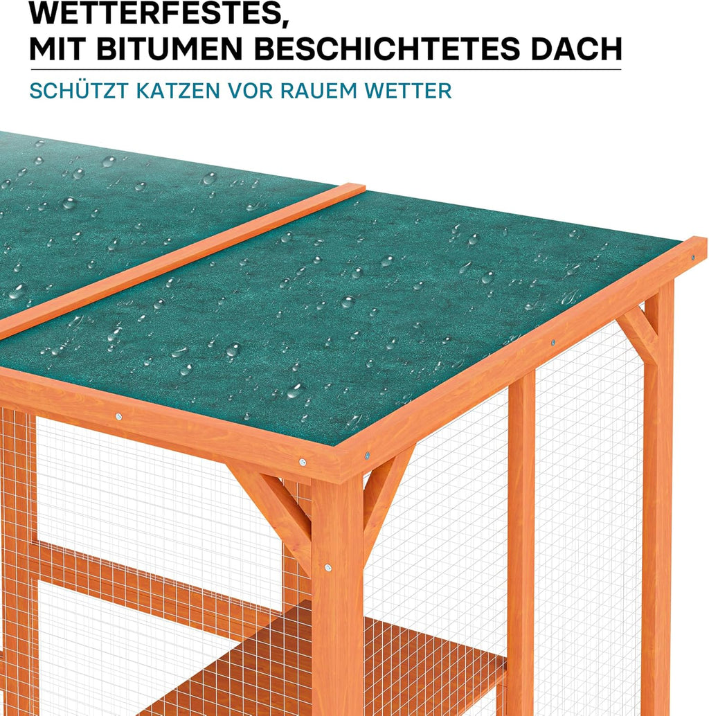 Wiltec Recinto esterno per gatti 168 x 82 x 166,5 cm con 6 piattaforme, gabbia per gatti da giardino resistente alle intemperie, cuccia per gatti con rete metallica e tetto in bitume