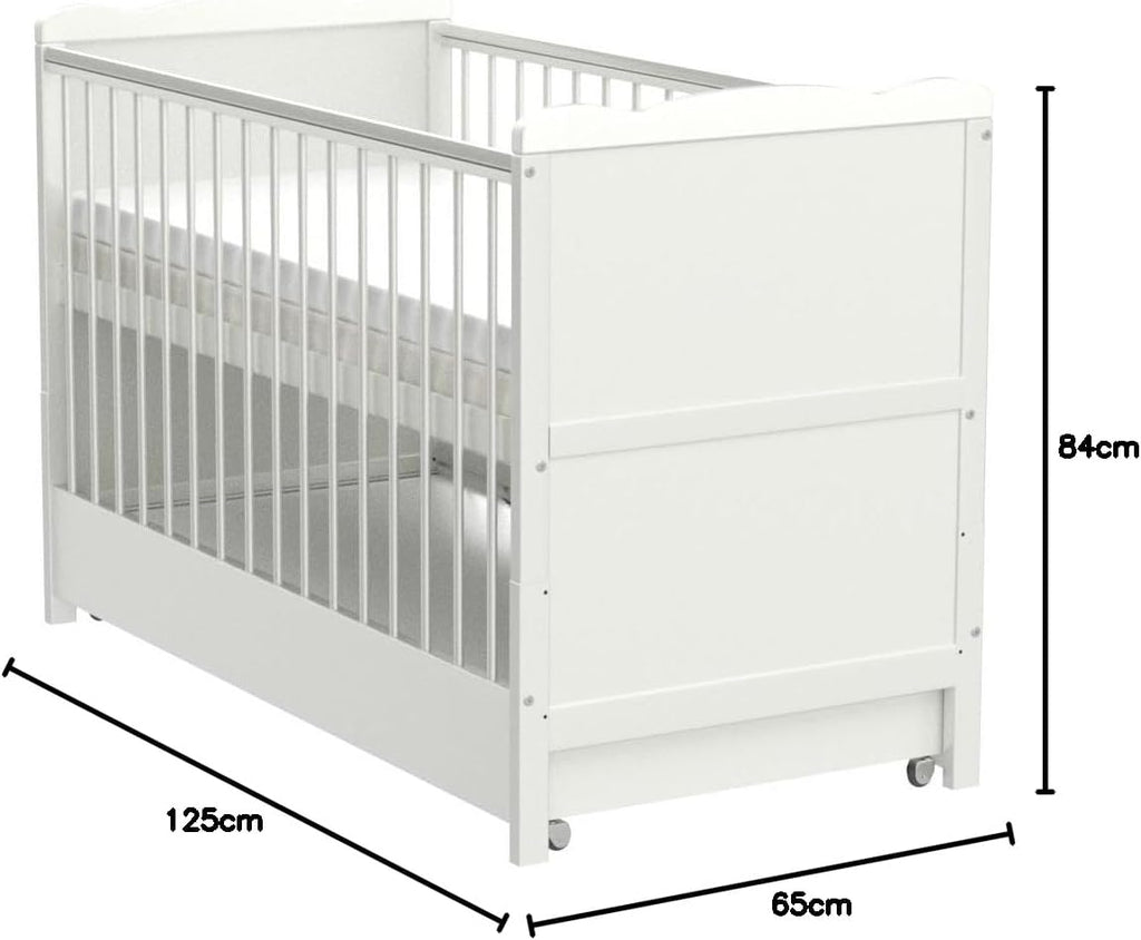 Marsell Lettino per bambini con cassetti con coperchio Lettino per bambini con materasso in schiuma Aloe Vera, protezioni per i denti regolabili in altezza, Bianco, trasformabile in lettino per ragazzi