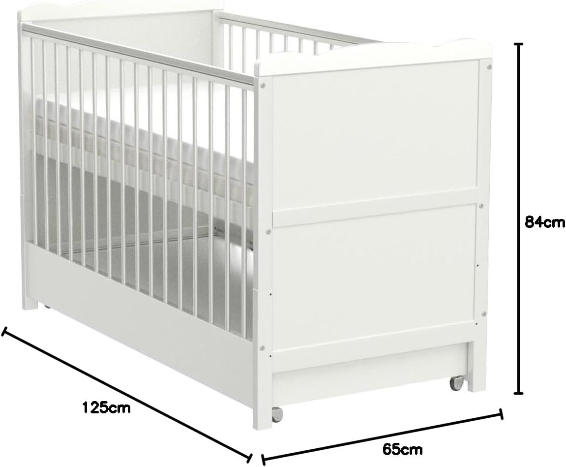 Marsell Lettino per bambini con cassetto con coperchio, lettino per neonati con materasso in schiuma Aloe Vera, sponde dentali, regolabile in altezza, Bianco trasformabile in lettino junior