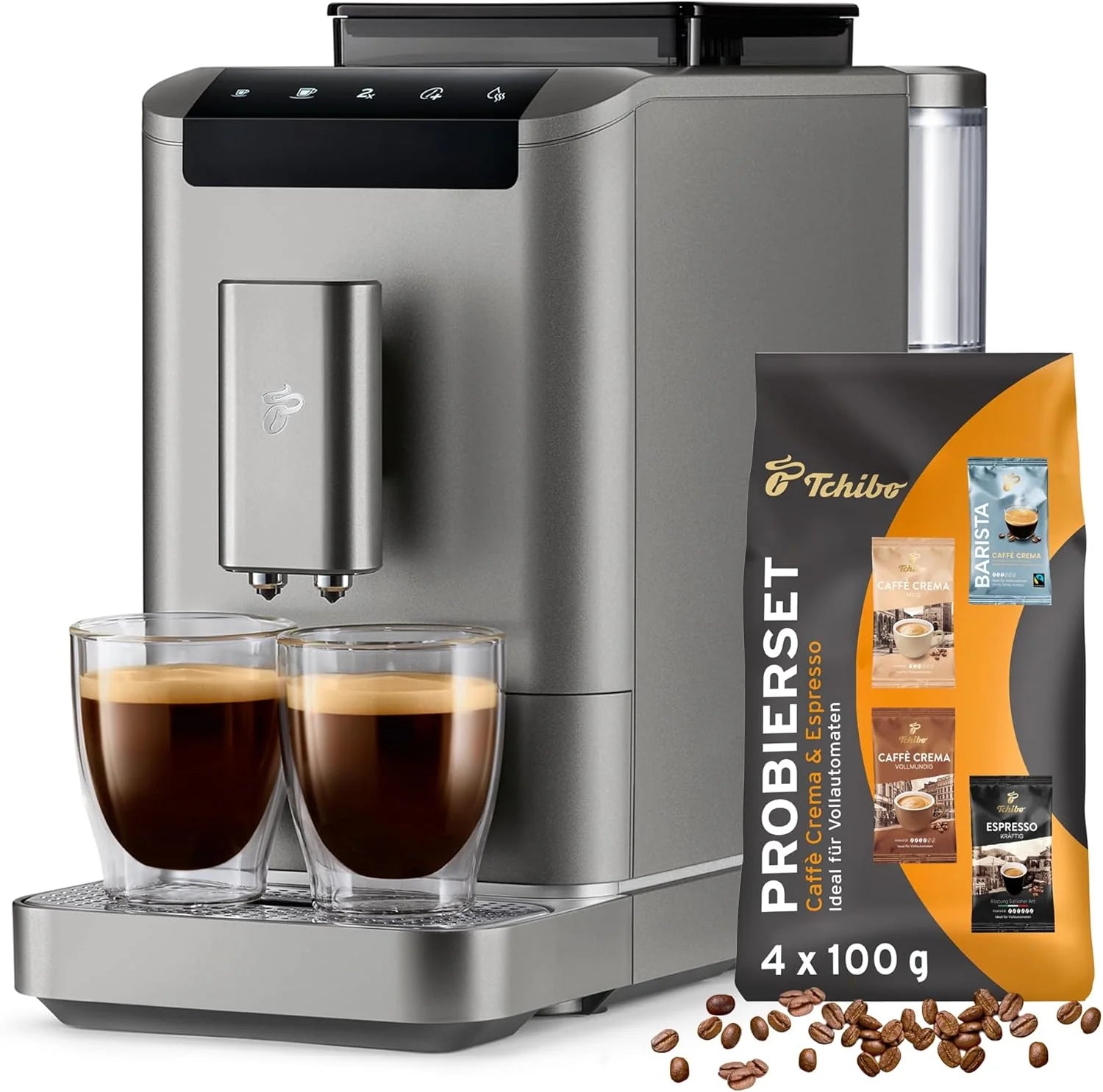 Tchibo Macchina da Caffè Automatica Esperto2 Caffè con Funzione 2 Tazze per Caffè Crema ed Espresso, Nero Granito - INCLUSO set di prova caffè GRATUITO