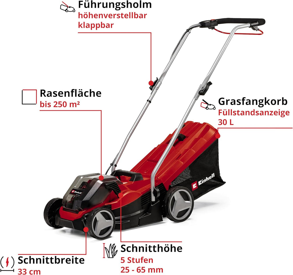 Einhell Tosaerba a batteria GE-CM 36/33 Li Kit Power X-Change (36 V, larghezza di taglio 33 cm, fino a 250 m², cesto di raccolta 30 L, altezza di taglio 25-65 mm, include 2 batterie da 2,5 Ah + 2 caricabatterie)