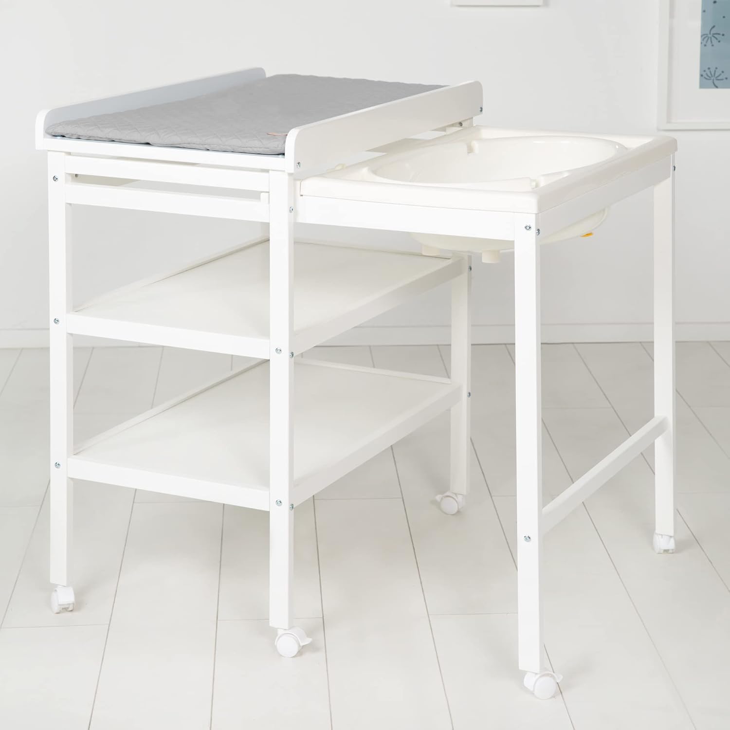 roba Fasciatoio da Bagno Combinato + Materassino Fasciatoio Style grigio - Fasciatoio Mobile Combinato con Vasca Integrata - con piano fasciatoio estraibile - Legno bianco