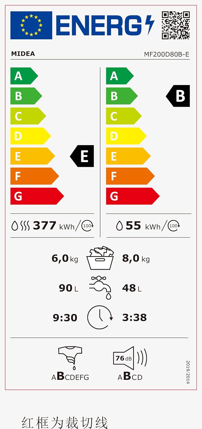 Lavasciuga Midea MF200D86WB-14EAS, 8/6kg lavaggio/asciugatura, Motore Inverter, Refresh, 60 min. Lavaggio e Asciugatura, Steam Care, Turbo Wash, 48 cm profondità, Controllo APP, AquaStop