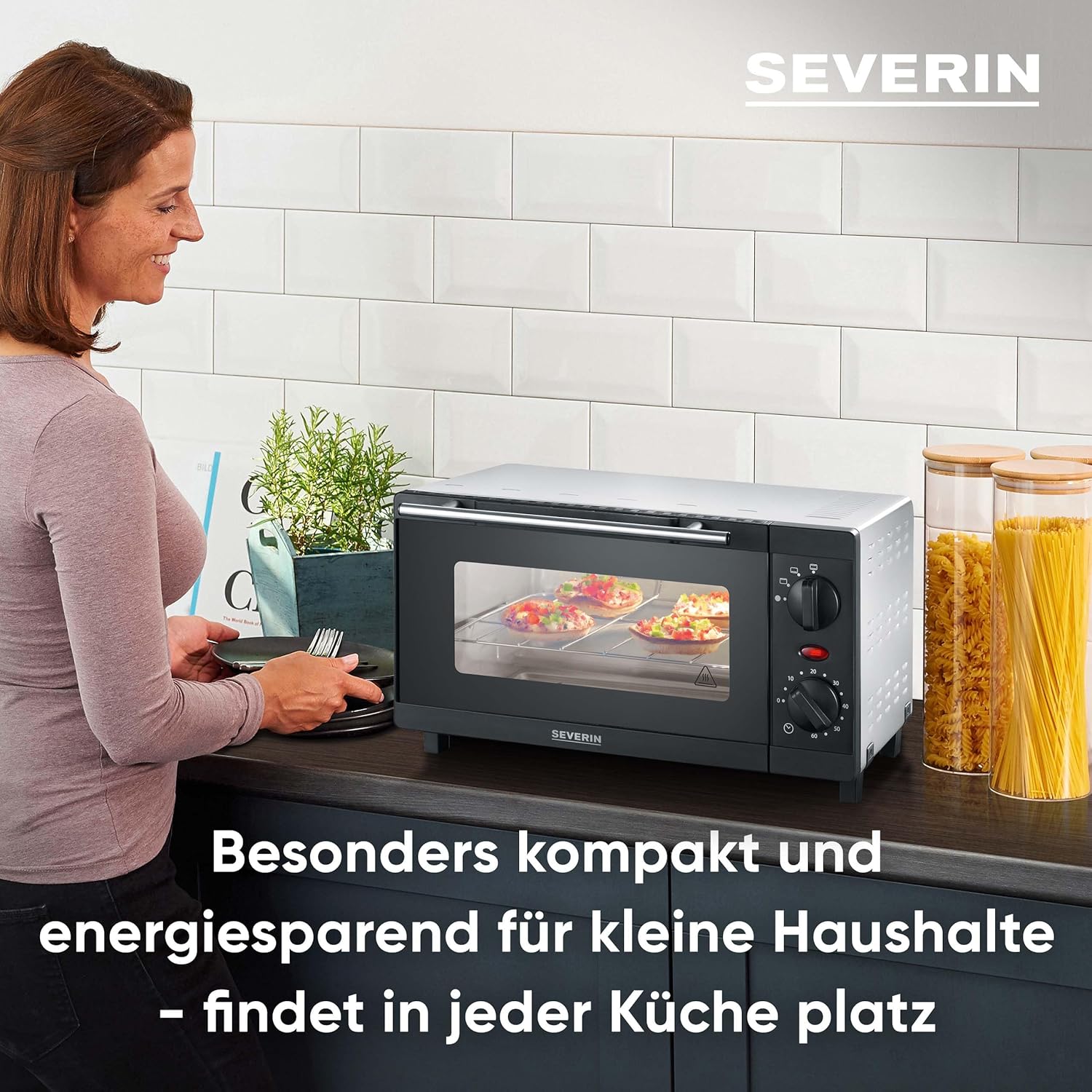 SEVERIN TO 2052 Forno tostapane (800 W, incl. griglia e teglia da forno, 9 L) argento/nero e 2287-000 Tostapane automatico, incl. supporto per panini, 2 fessure, 700 W, AT 2287, nero