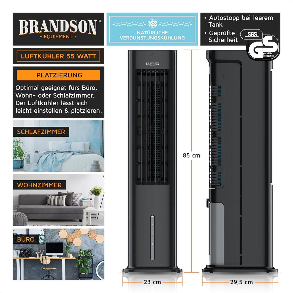Brandson - Raffrescatore evaporativo 5 in 1 - Refrigeratore evaporativo, umidificatore, ventilatore e purificatore d'aria, condizionatore d'aria portatile senza tubo di scarico - Vincitore del premio 2025 - Silenzioso - Serbatoio dell'acqua da 5 litri