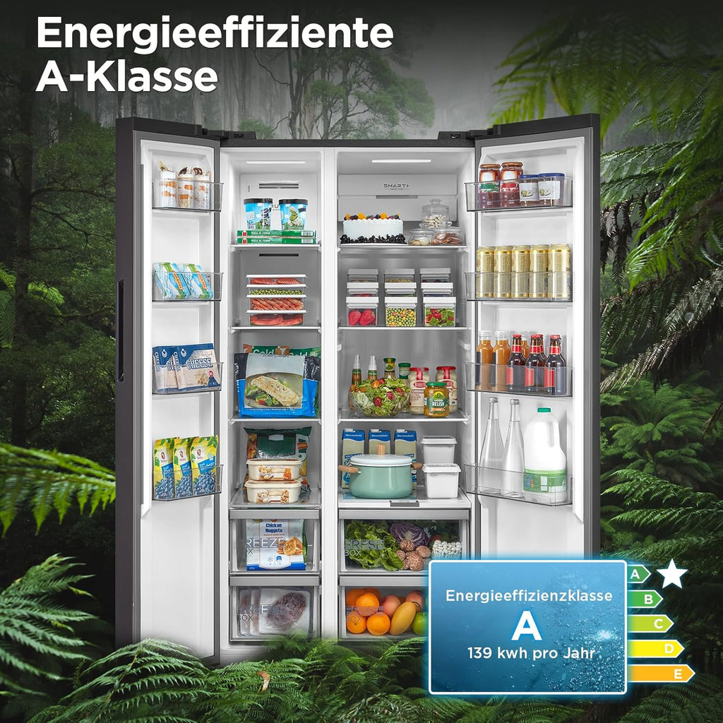 Midea KS-DDX 6.32 WT Frigorifero Side-by-Side con Congelatore/Altezza 178,8 cm/254 kWh/anno/No Frost/Compressore Dual Inverter/con Distributore di Acqua e Ghiaccio 3-in-1 e Serbatoio d'Acqua, Inox Scuro