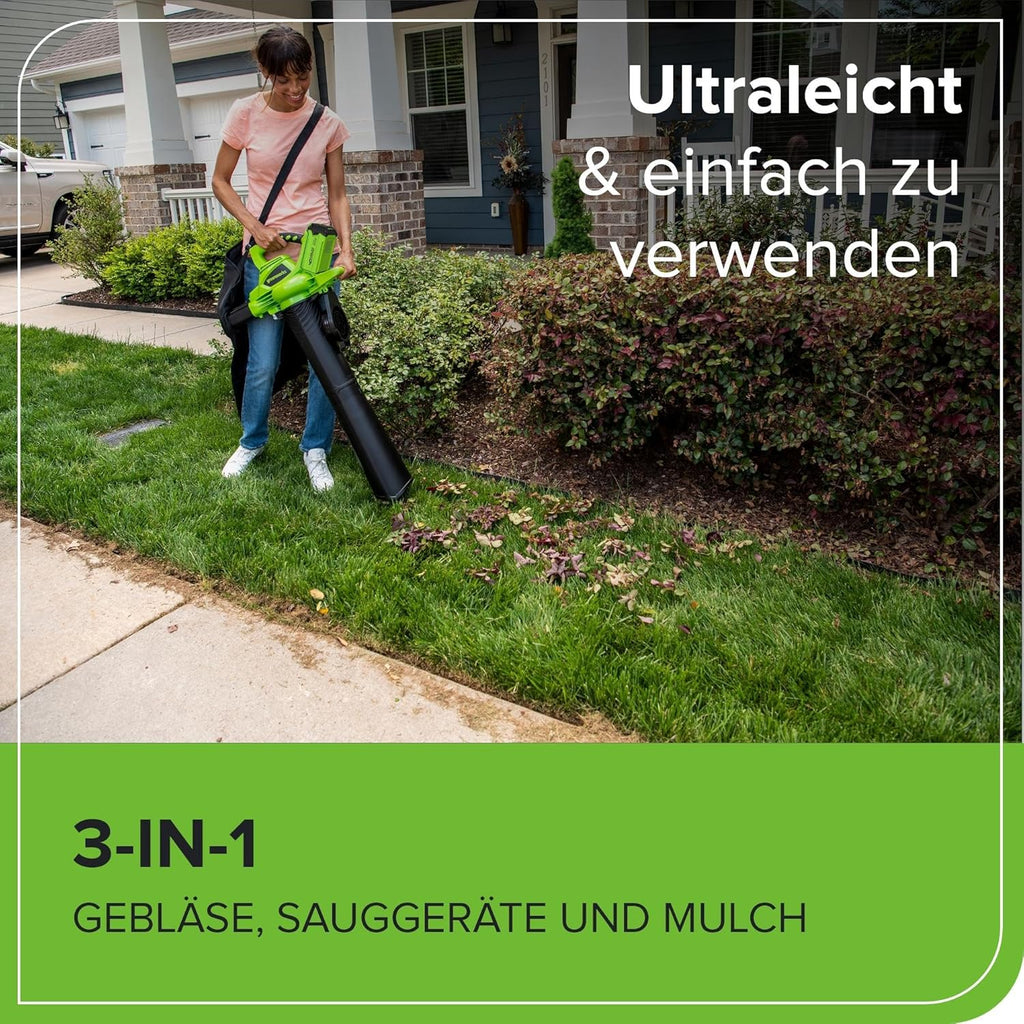 Greenworks 40V Soffiatore Assiale a Batteria con Cruise Control, 177 km/h, 11,05 m³/min, Sacco di Raccolta da 45L, due Batterie da 2Ah e Caricabatterie, 3 Anni di Garanzia GD40BVK2X