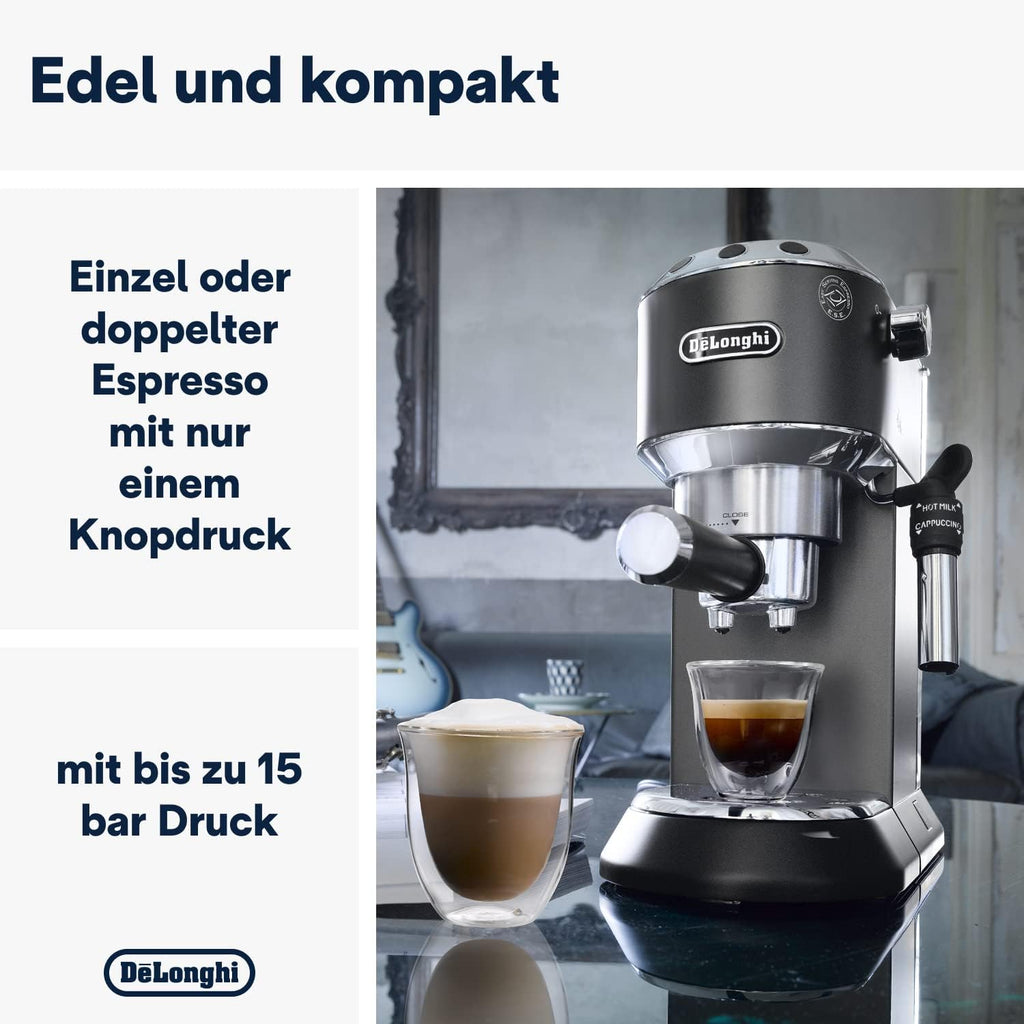 De'Longhi Dedica Style EC 685.M – Macchina da caffè espresso con portafiltro, con montalatte professionale, larga solo 15 cm, per caffè in polvere o cialde ESE, serbatoio dell'acqua da 1 l, argento