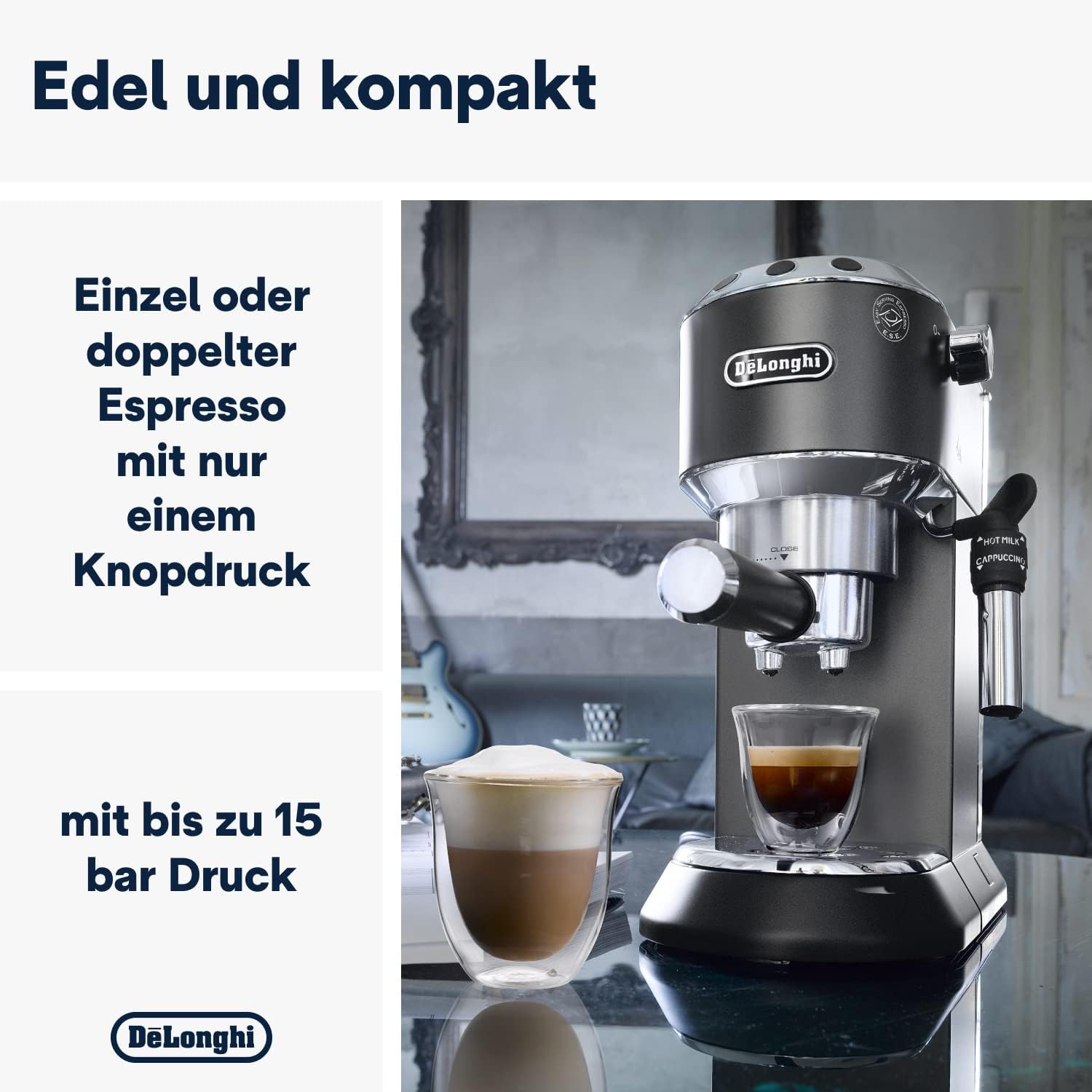 De'Longhi Dedica Style EC 685.M – Macchina da caffè espresso con portafiltro, con montalatte professionale, larga solo 15 cm, per caffè in polvere o cialde ESE, serbatoio dell'acqua da 1 l, argento