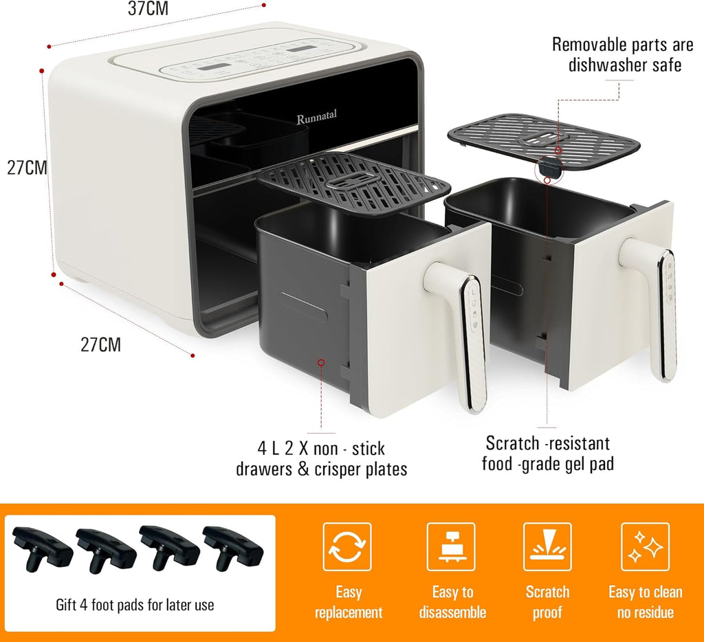 Runnatal Dual Zone Heißluftfritteuse mit Sichtfenster, 8L Airfryer, 2100W, 2 Fächer, 14-in-1 Doppelkammer Heißluftfritteuse Mit Vegetarier und Fleischtöpfen, 2 kammern Airfryer, Antihaftbeschichtung