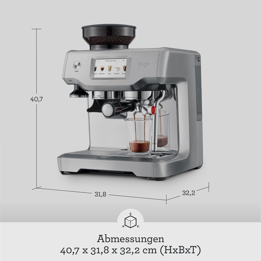 Sage - The Barista Touch - Macchina da caffè con schiumalatte automatico e macinacaffè integrato - Touchscreen, pressino rimovibile, 5 impostazioni predefinite - Macchina per caffè espresso - Acciaio Inox Spazzolato