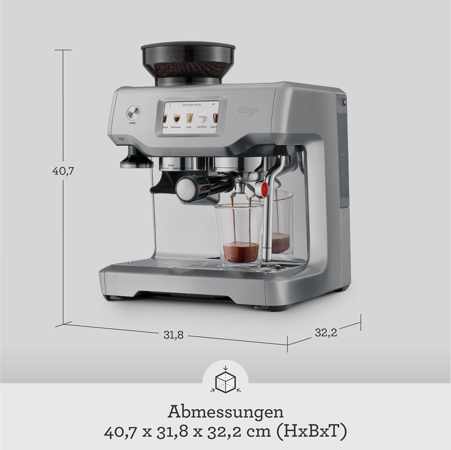Sage - The Barista Touch - Macchina da caffè con schiumalatte automatico e macinacaffè integrato - Touchscreen, pressino rimovibile, 5 impostazioni predefinite - Macchina per caffè espresso - Acciaio Inox Spazzolato