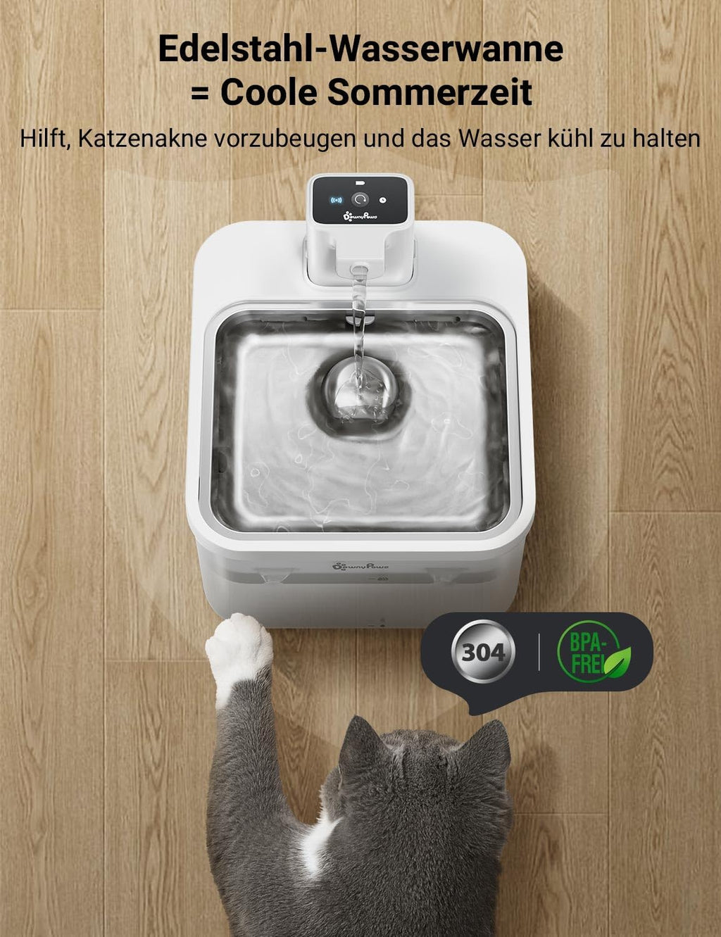 DownyPaws 2.5L Trinkbrunnen für Katze Kabellos, Katzenbrunnen Kabellos mit Bewegungsmelder, Batteriebetrieben Katzentrinkbrunnen, 4000mAh, Leise Wasserpumpe, Tablett aus Edelstahl für Katze, Schwarz