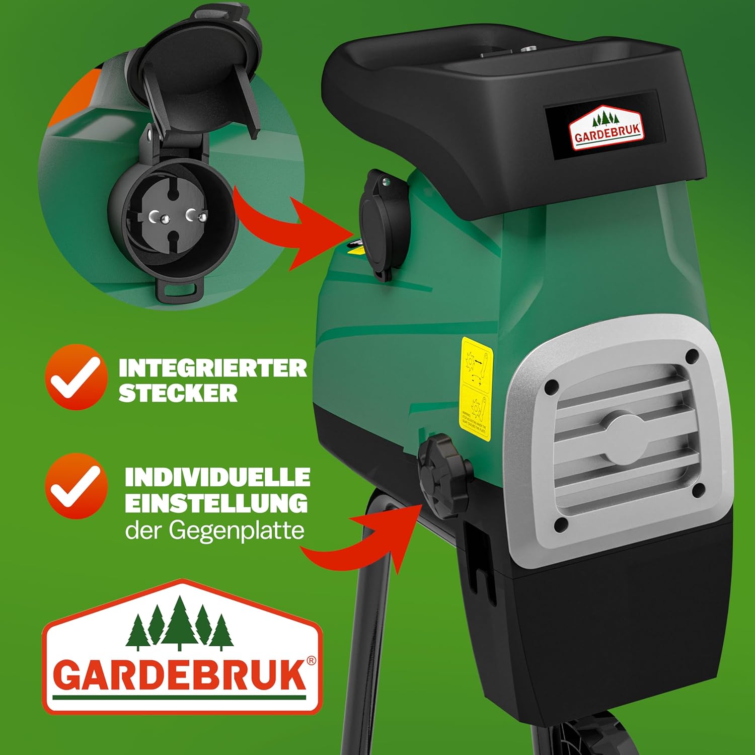 Gardebruk® Leisehäcksler 3100 W max. 44 mm Aststärke Elektrisch 2 x 60 L Auffangbeutel Gartenhäcksler Walzenhäcksler Schredder Häcksler