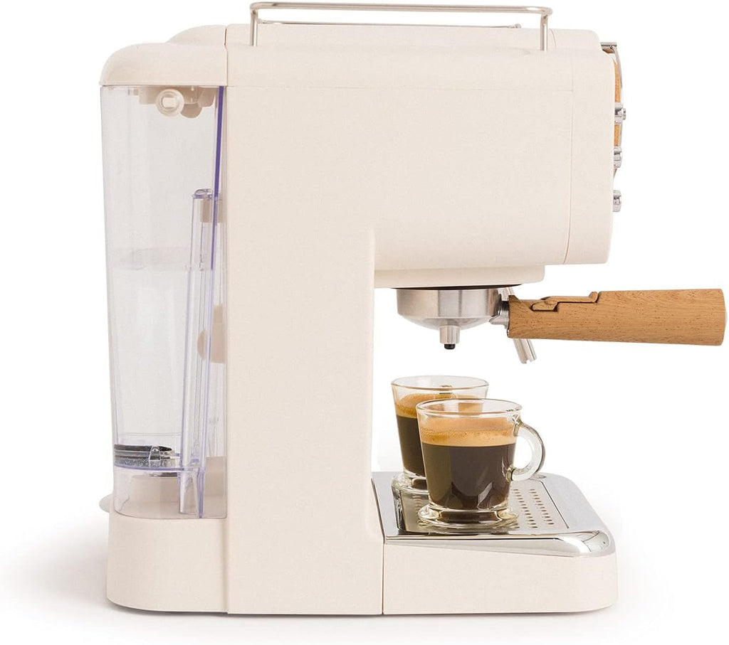 CREATE / THERA RETRO/Macchina da caffè espresso semiautomatica Rosa Pastello Opaco e Legno / Pompa a pressione 20bar, 1100W, Serbatoio acqua 1.25L, per caffè macinato, cialde ESE 55mm, con vaporizzatore, 1100W