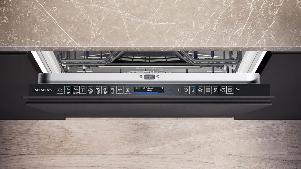 Siemens SN43ES14VE, lavastoviglie intelligente iQ300, lavastoviglie da incasso con cassetto portaposate, 60 cm, apertura automatica della porta grazie ad autoOpen dry, particolarmente silenziosa con motore iQdrive, aquaStop, acciaio inossidabile