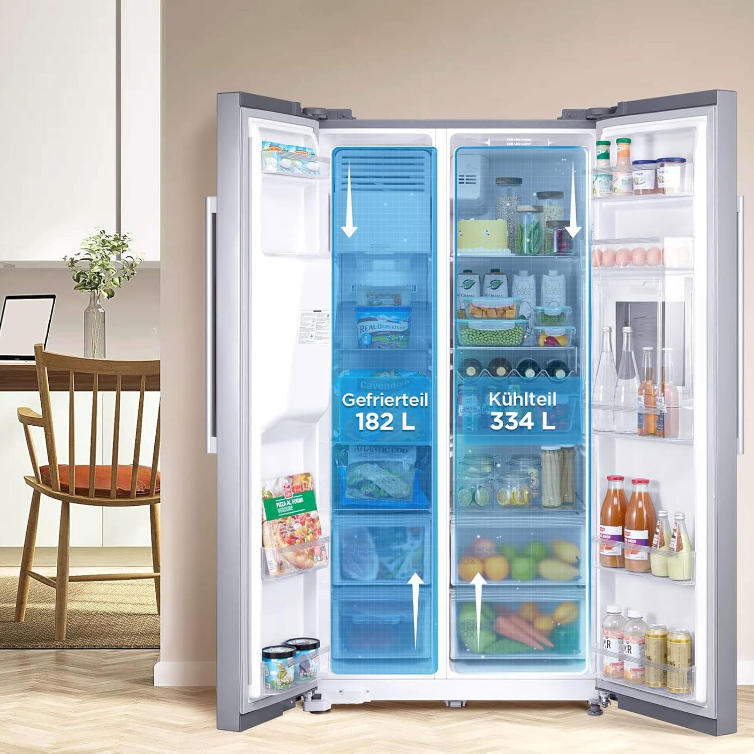 Midea KS-DDX 6.32 WT Frigorifero Side-by-Side con Congelatore/Altezza 178,8 cm/254 kWh/anno/No Frost/Compressore Dual Inverter/con Distributore di Acqua e Ghiaccio 3-in-1 e Serbatoio d'Acqua, Inox Scuro