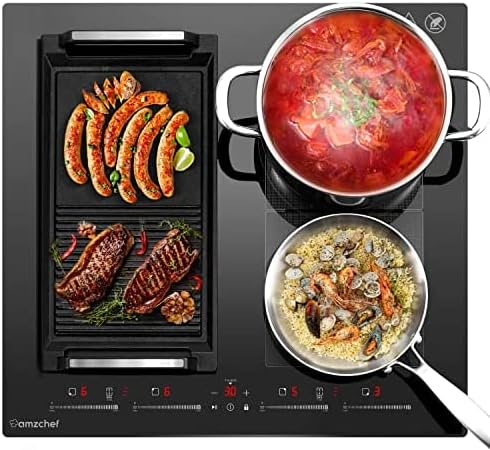 AMZCHEF Piano cottura a induzione 60cm con due zone flessibili, 4 zone, funzionamento silenzioso, 9 livelli di potenza e Booster - funzione BBQ, funzione pausa e mantenimento in caldo, 7400W