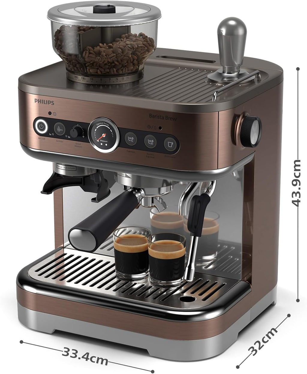 Philips Barista Brew Macchina da caffè espresso semiautomatica - Tasto Espresso singolo e doppio + Americano, Contenitore per chicchi da 250 g, Guida intuitiva, Pressatura calibrata, Argento metallizzato (PSA3218/01)