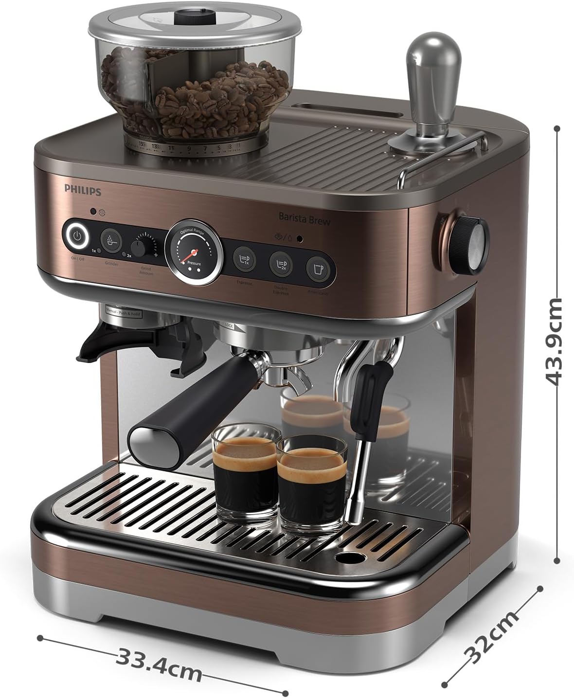 Philips Barista Brew Macchina da caffè espresso semiautomatica - Tasto Espresso singolo e doppio + Americano, Contenitore per chicchi da 250 g, Guida intuitiva, Pressatura calibrata, Argento metallizzato (PSA3218/01)