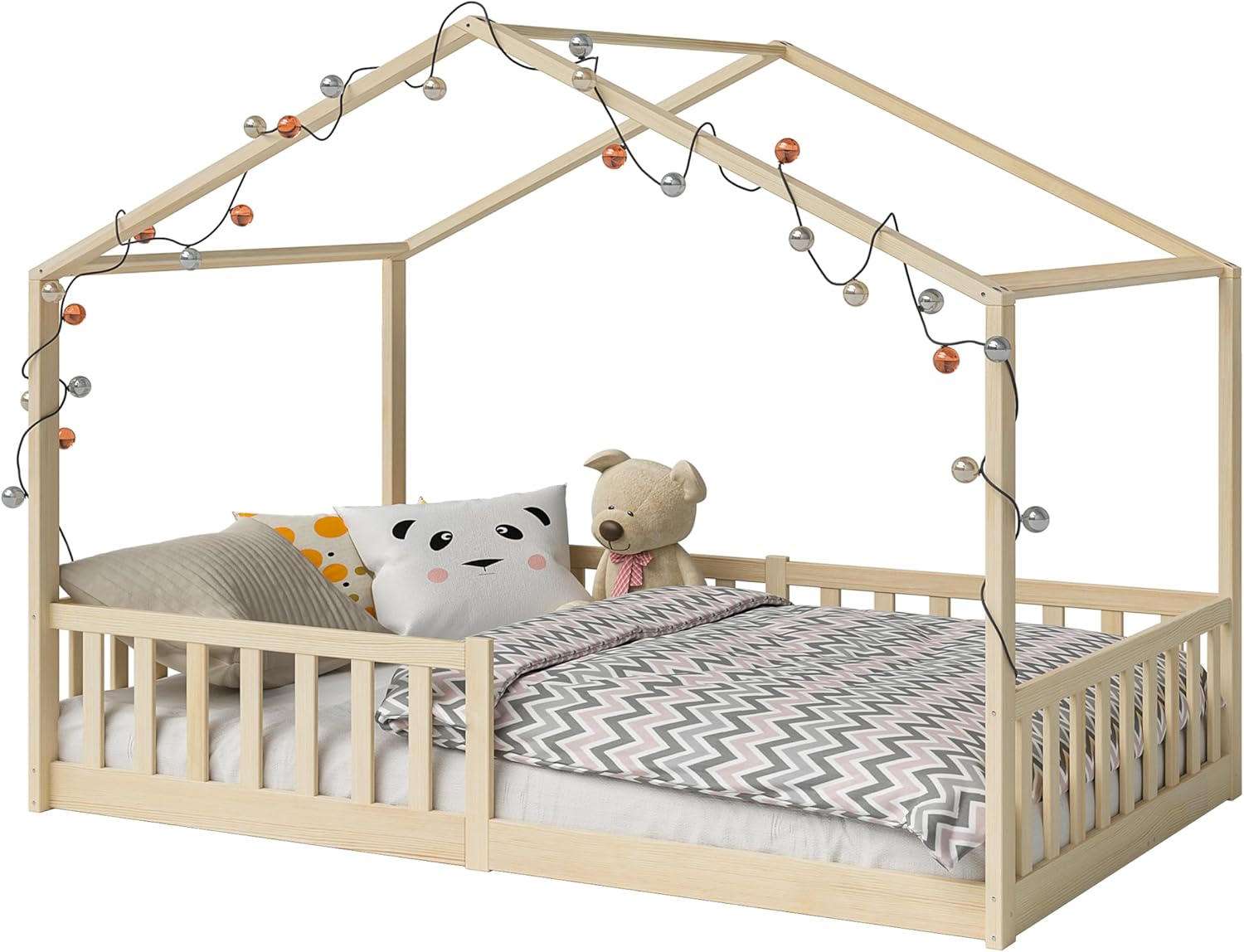 Bellabino Lettino per bambini Bia 140x200 cm, letto a capanna per bambini con protezione anticaduta e rete a doghe arrotolabile, letto a terra Montessori bianco in legno massello di pino