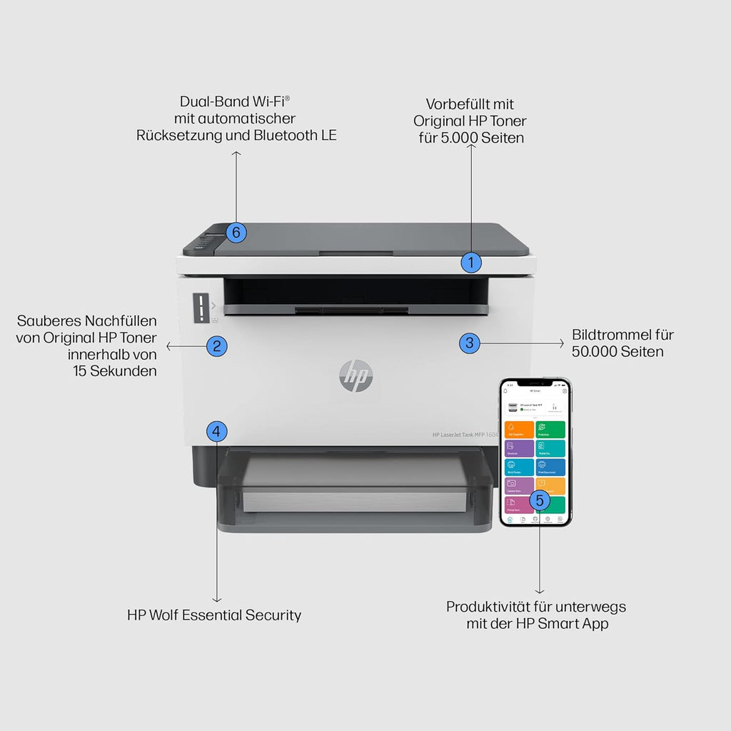 HP Laserjet Tank MFP 2604dw Laserdrucker, Drucker, Scanner, Kopierer, HP Smart App, inklusive Original HP Toner für bis zu 5000 Seiten, 23 Seiten/Min, beidseitig drucken, bis 600 x 600 DPI, Monochrom