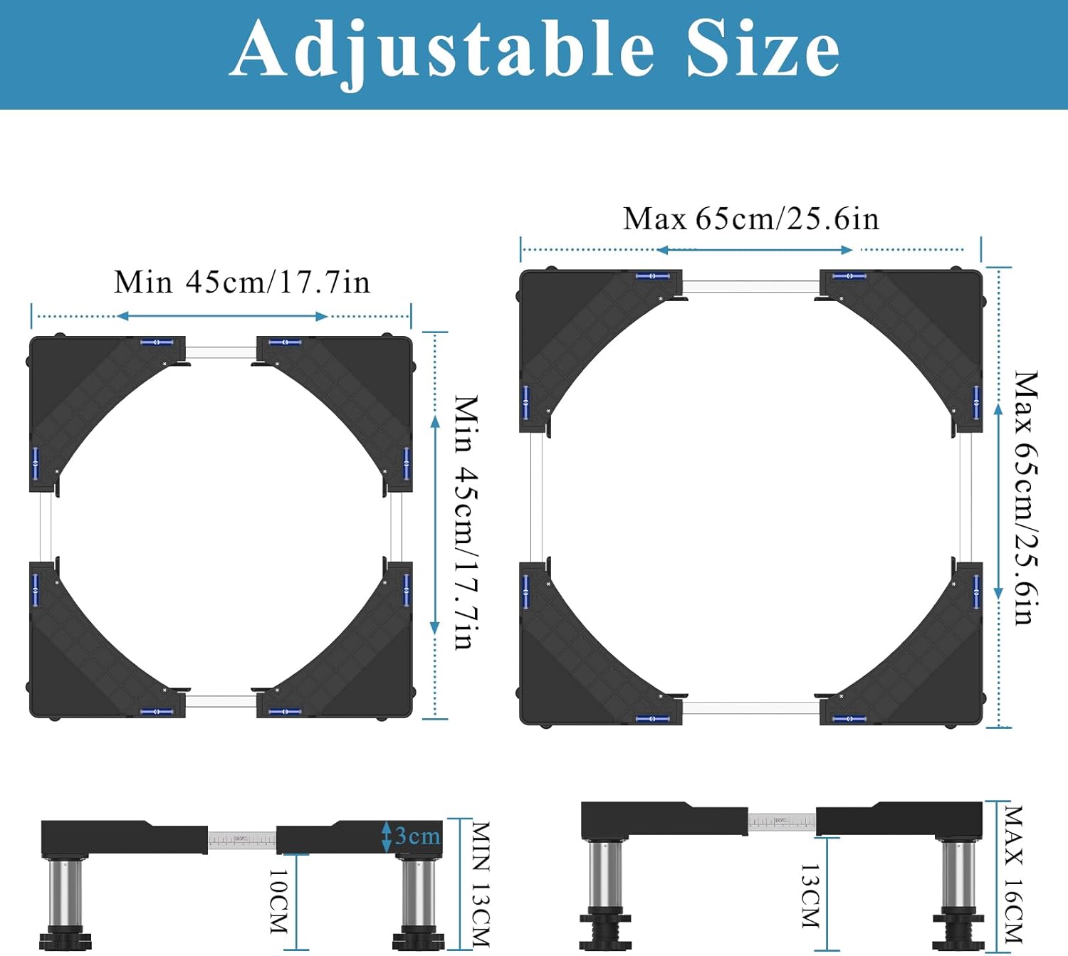 DEWEL Base Regolabile per Lavatrice, Carico Massimo 300KG, Supporto Piedistallo per Asciugatrice, Frigorifero, Congelatore, Larghezza 45-65cm, Altezza 18–22cm, Bianco