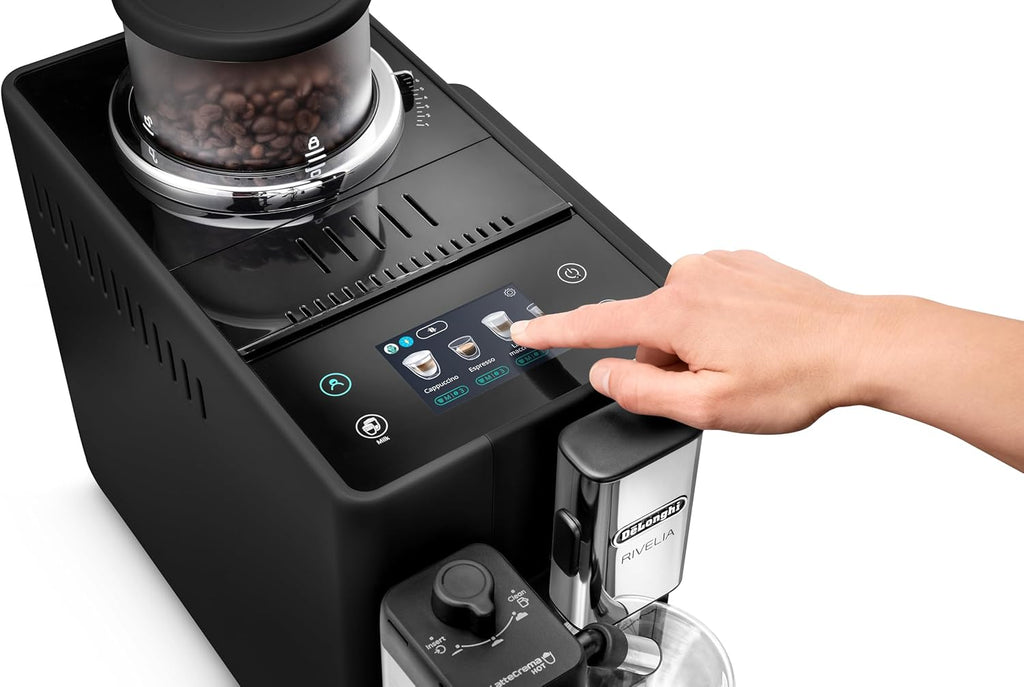 De'Longhi Rivelia EXAM440.55.W Macchina da Caffè Automatica con Sistema LatteCrema, Contenitore chicchi intercambiabile, 16 bevande caffè e latte con un solo tocco, Funzione Extra Shot, Display Touch da 3,5 pollici, Bianco