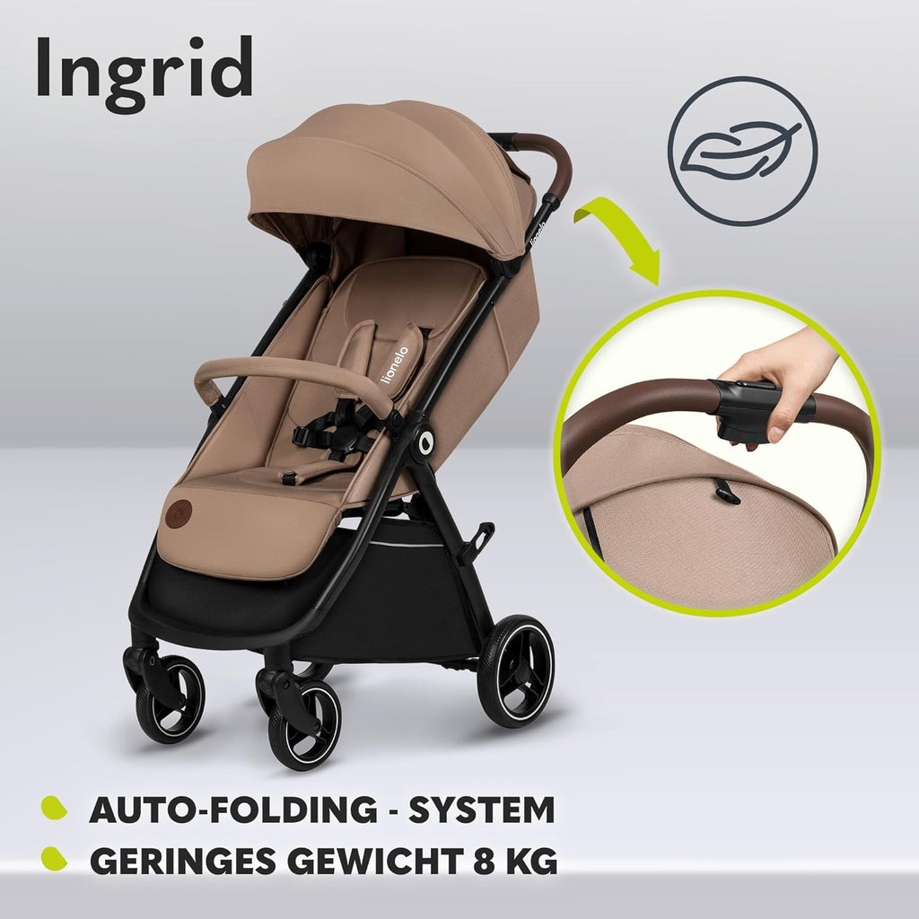 LIONELO INGRID Kinderwagen bis 22 kg von 6 Monaten bis 4 Jahren Große 360° schwenkbare Räder Volle Federung Einhändig zusammenklappbar Verstellbare Rückenlehne und Fußstütze Großes XXL-Verdeck