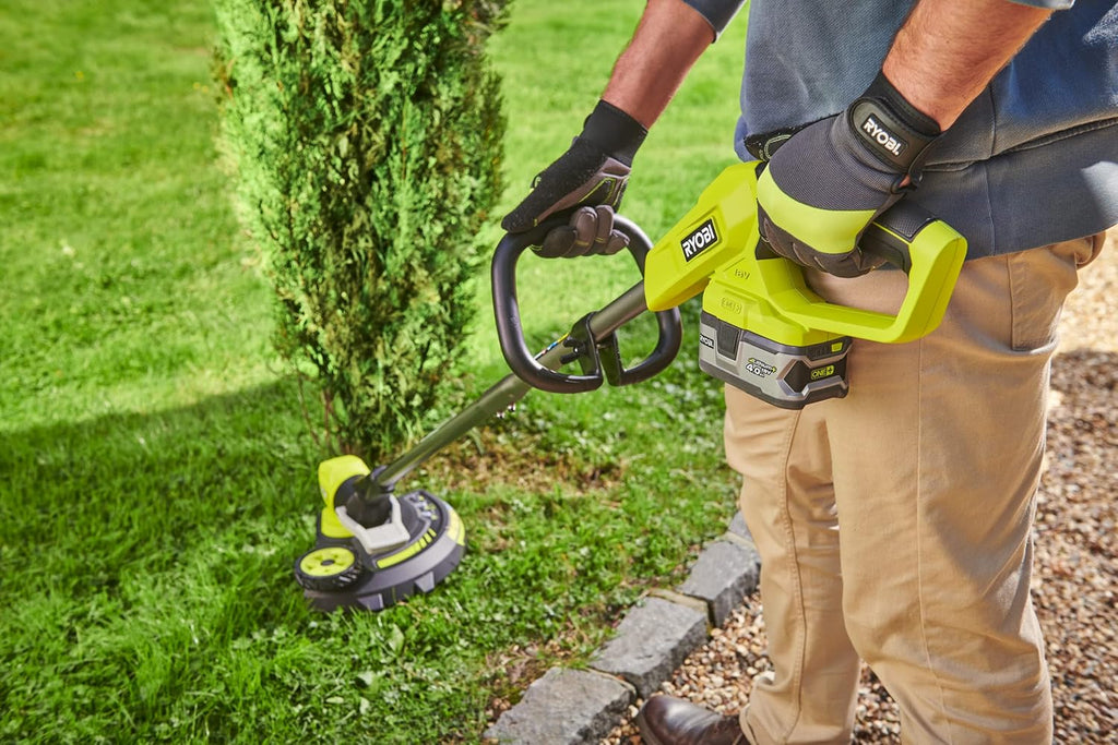 RYOBI 18 V ONE+ Akku-Rasentrimmer mit Radführung RY18LT33A-0 (33 cm Kantenschneidefunktion mit Fußsteuerung, Ø Fadenspule 1 x 1,65 mm, ohne Akku und Ladegerät)