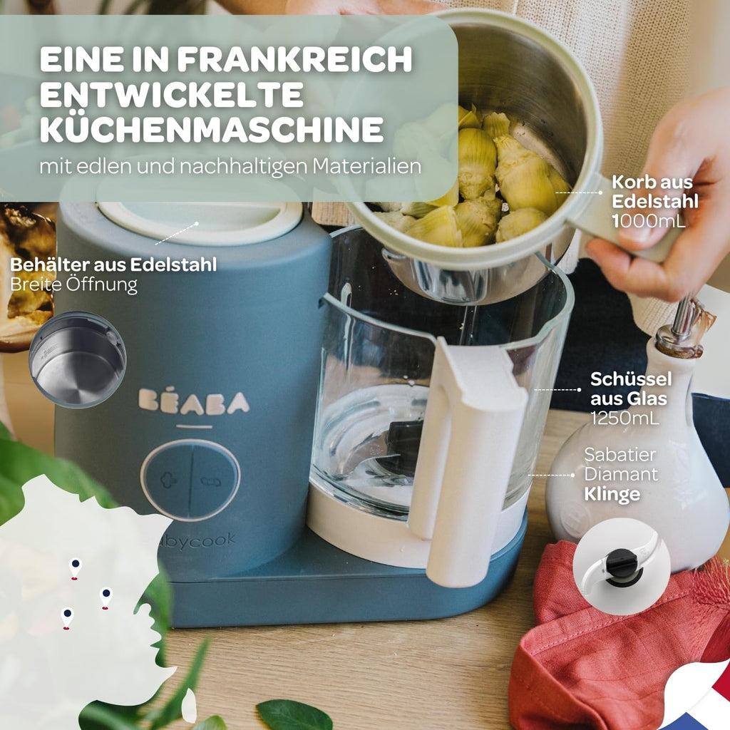 Béaba - Babycook Neo - 6 in 1 Babynahrungszubereiter - Schonender Dampfgarer - Glaskrug und Garkorb aus Edelstahl - Mineralgrau