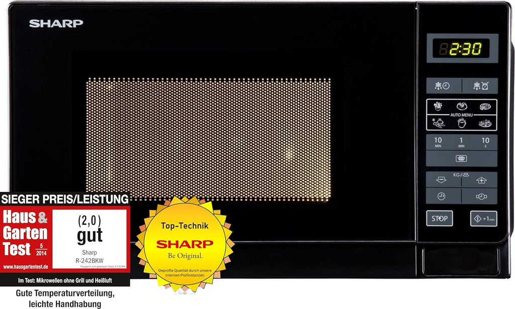 Sharp R242BKW Forno a microonde Solo / 20 L / 800 W / 5 livelli di potenza / 8 programmi automatici / Scongelamento a tempo e in base al peso / Blocco di sicurezza per bambini / Modalità risparmio energetico / Piatto girevole in vetro (25,5 cm) / nero