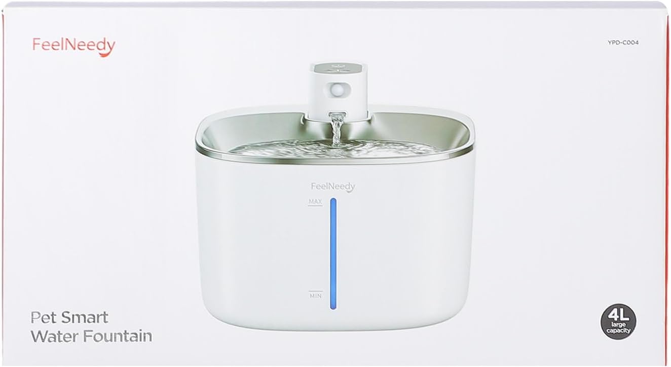 Fontana per Gatti Senza Fili con Sensore di Movimento a Batteria da 4000mAh, Fontana d'Acqua Silenziosa da 4L FEELNEEDY con Sensore di Movimento per Gatti e Cani Piccoli, Vasca d'Acqua in Acciaio Inossidabile, 2 Filtri
