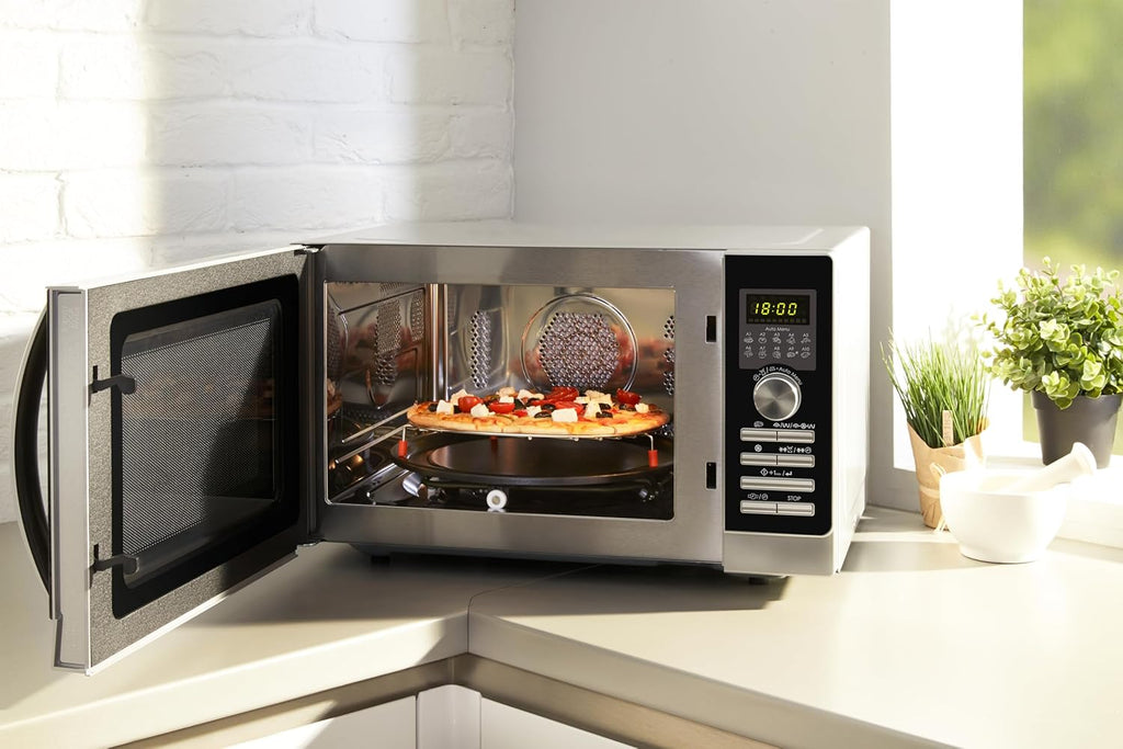 Sharp R843INW Forno a microonde 4 in 1 con aria calda, grill e convezione/ 25 L/ 800 W/ grill a infrarossi 1000 W/ convezione 2500 W/ 10 programmi automatici/ programma pizza/ piatto girevole in metallo (30 cm)/ argento