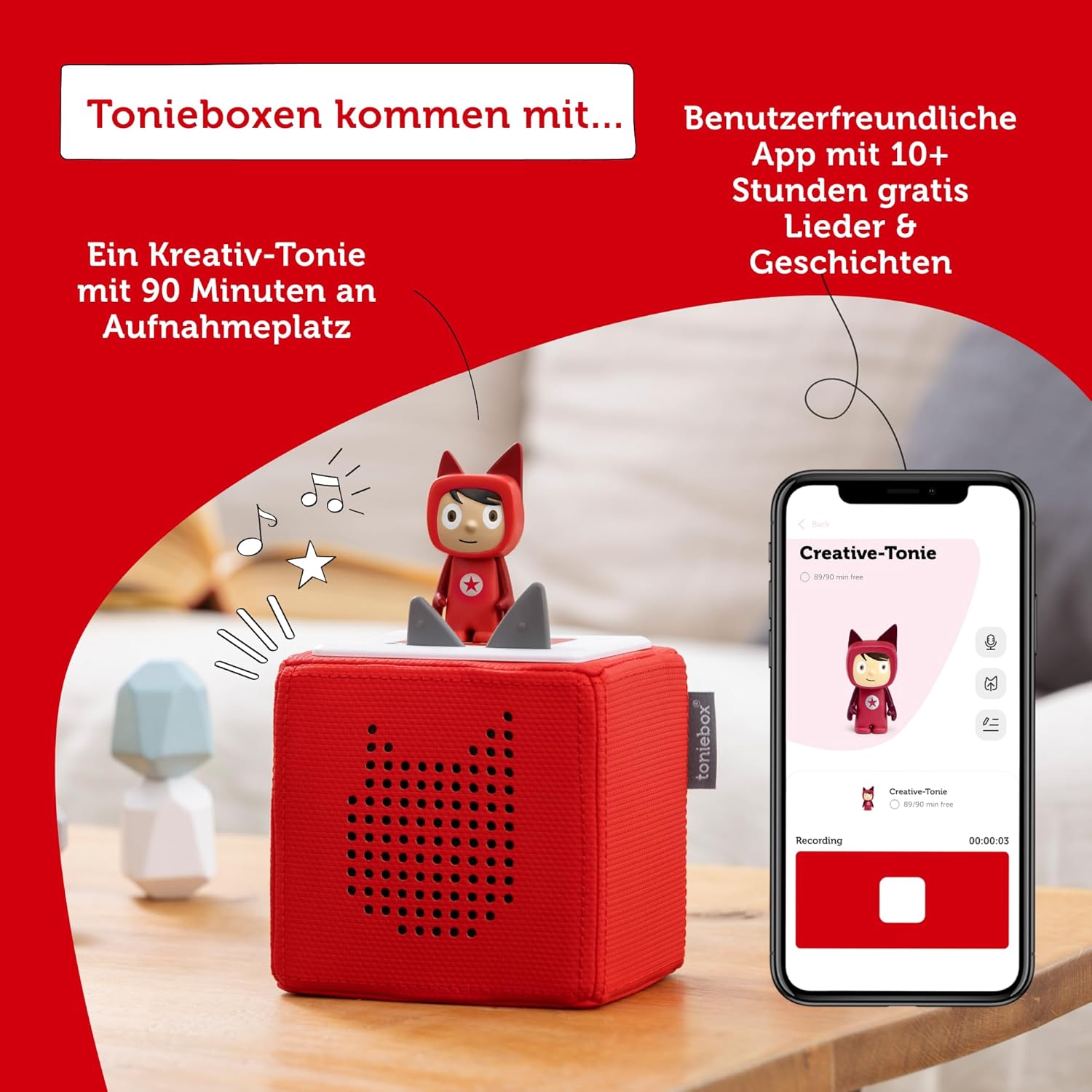 Toniebox Extrapack – Toniebox Starterset Blu con Tonie creativo + 4 statuette sonore Disney Eroi Animali, Audioplayer per audiolibri e canzoni, Musicbox wireless con audiolibro Disney