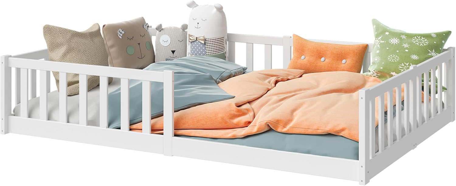 Bellabino Vere Letto a Pavimento 140x200 Montessori, Letto Matrimoniale con Protezione Anticaduta e Rete a Doghe, Letto per Bambini e Bambine in Legno Massello di Pino Bianco con Sbarre