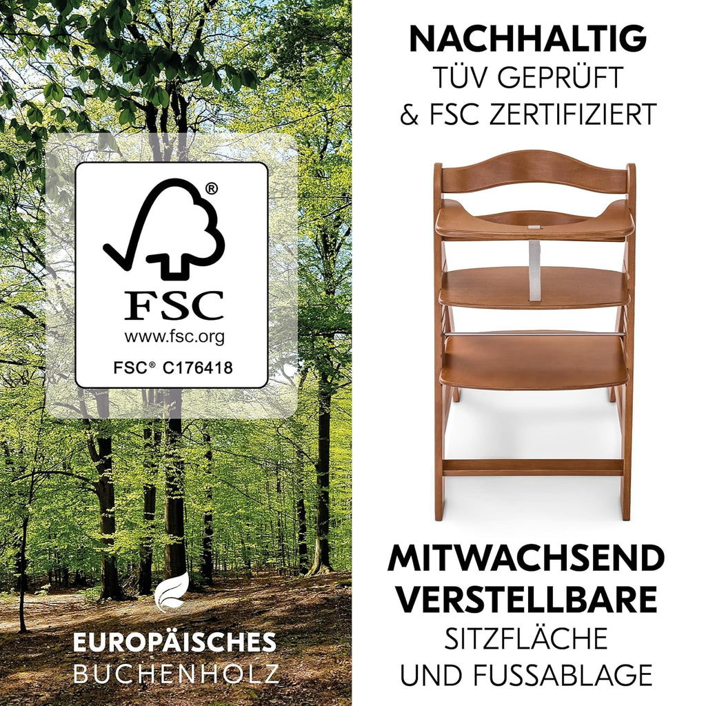 hauck Alpha Plus Newborn Set Deluxe - Seggiolone Pappa Legno da Nascita con Funzione Sdraietta - include Sdraietta per Neonato & Cuscino - Evolutivo, Regolabile - Dark Grey