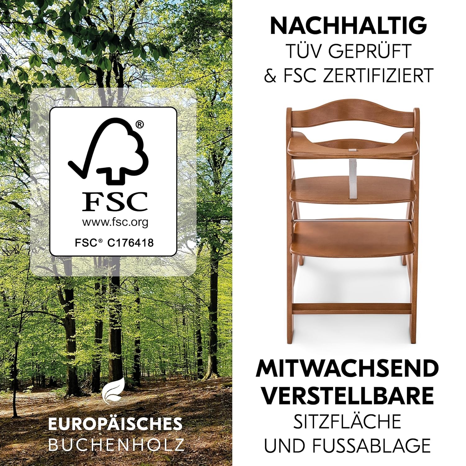 hauck Alpha Plus Newborn Set Deluxe - Seggiolone Pappa Legno da Nascita con Funzione Sdraietta - include Sdraietta per Neonato & Cuscino - Evolutivo, Regolabile - Dark Grey